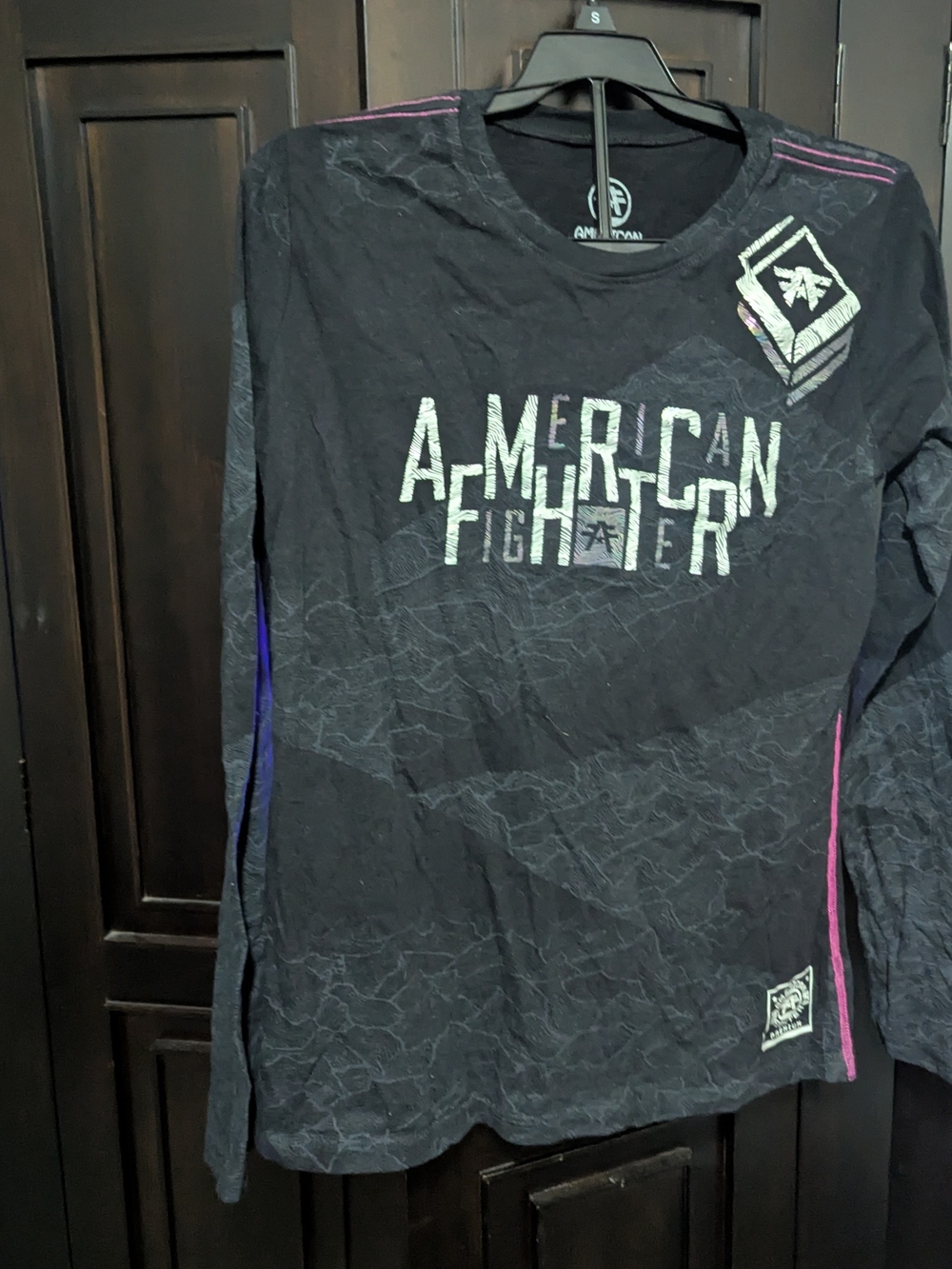 American Fighter Black Long Sleeve Graphic Tee with Purple Accent